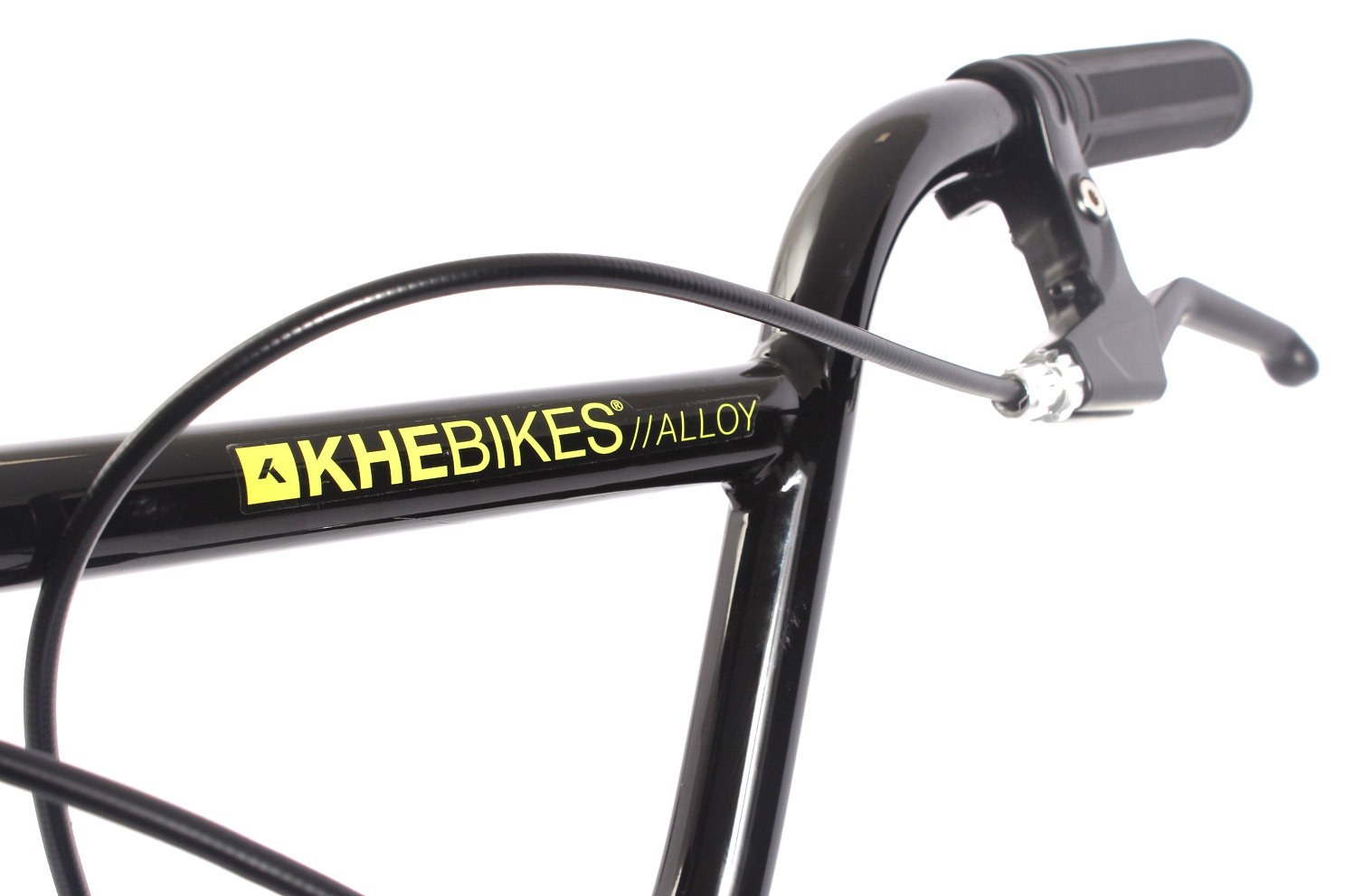 Vorderansicht Lenker schwarz mit KHEBikes Logo und Bremse schwarz